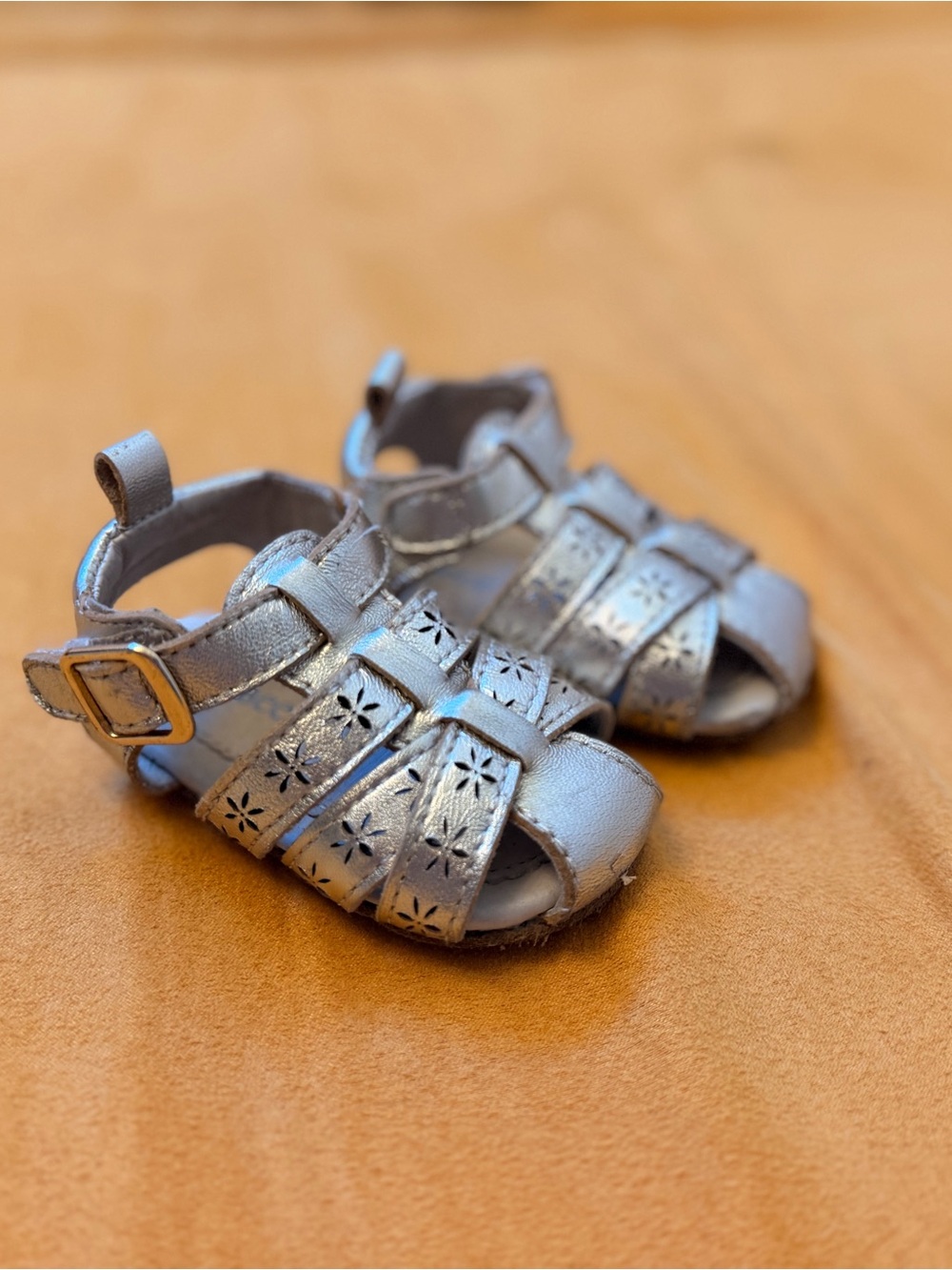 Robeez Metallic Goldish Silver Baby Sandals with Floral Cutouts